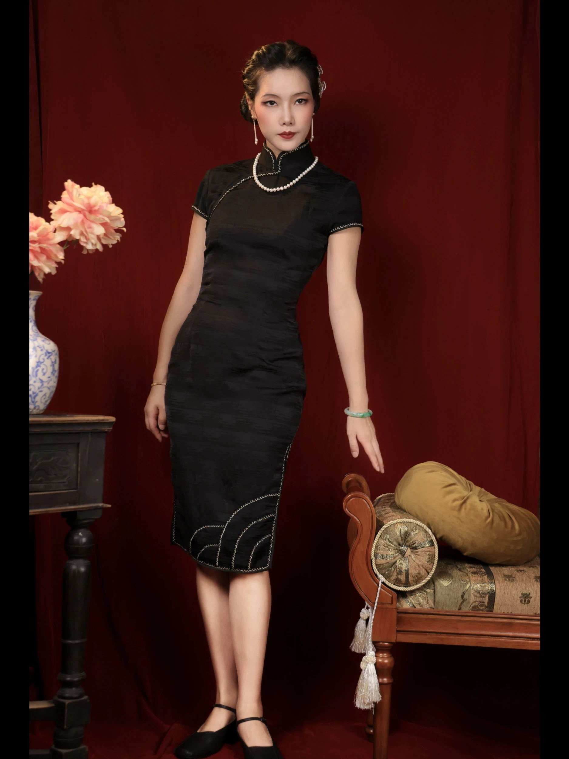 

Bla Silk ort Modern anghai Sle Tight Fit Hong Kong Work round Collar High Slit Daily Wear Thin Bodycon Flag...
