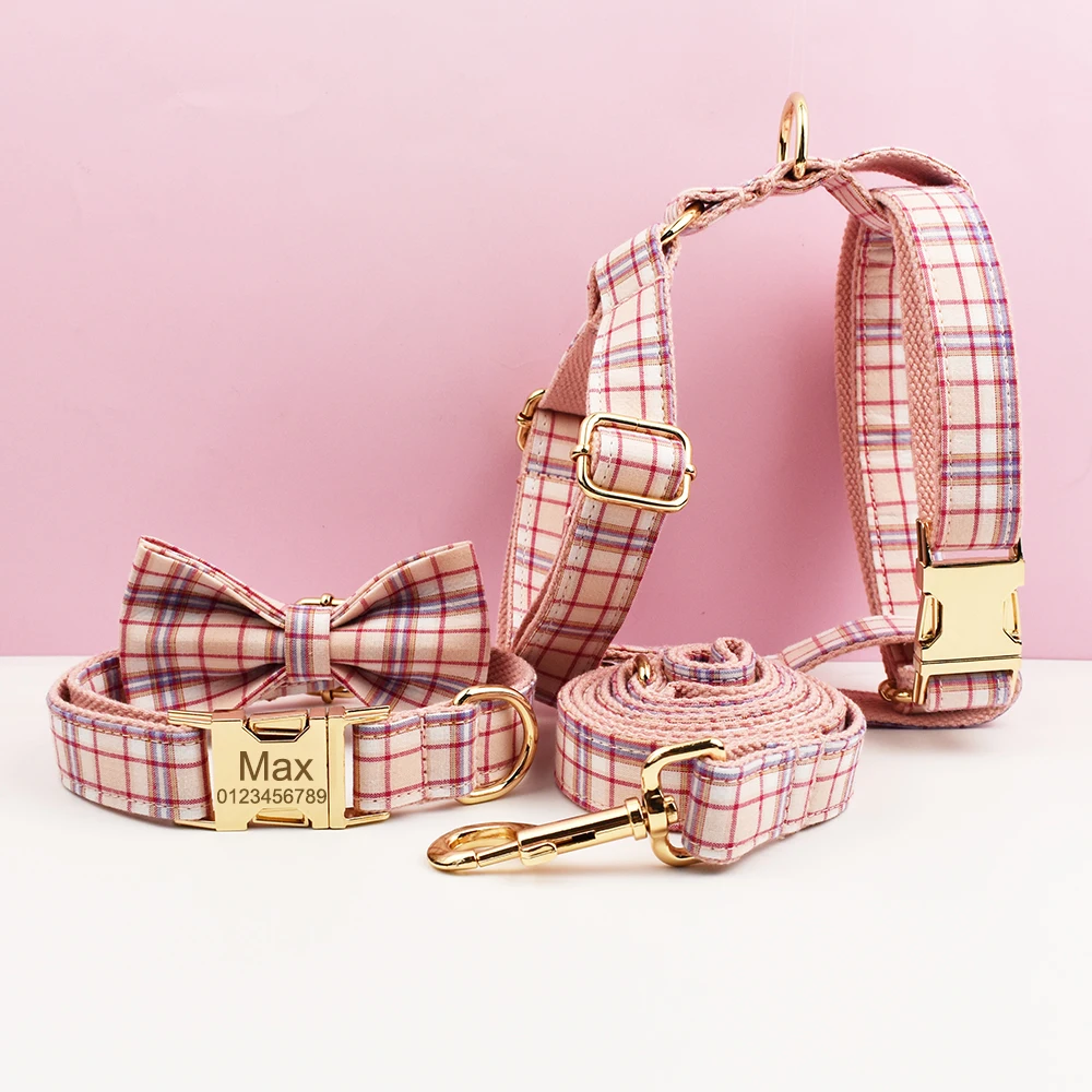 Pink Plaid Dog Collar And Leash Set For Dogs Custom Engraved Nameplate Pet Supplies Dog Leash Personalized Dog Harness