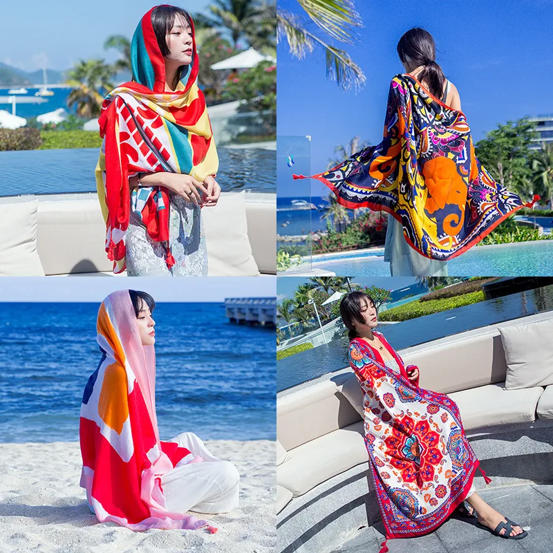 Women Summer Silk Satin Scarf Tassels Luxury Brand 180x90cm Female Beach Photographic Shawl Lady Ethnic Style Scarves