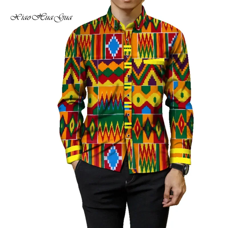 Fashion Mens Africa Festive Clothing Ankara Clothes African Print Tops Long Sleeve print Cotton patchwork T-shirt wyn905