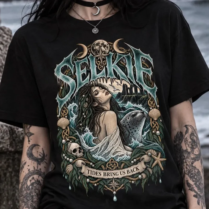 Seal Girl Shirt, Celtic Folklore T-shirt, Scottish Fairy Art Moonlight Waves, Seal Enthusiast Gift, Dark Fantasy Folk Witch