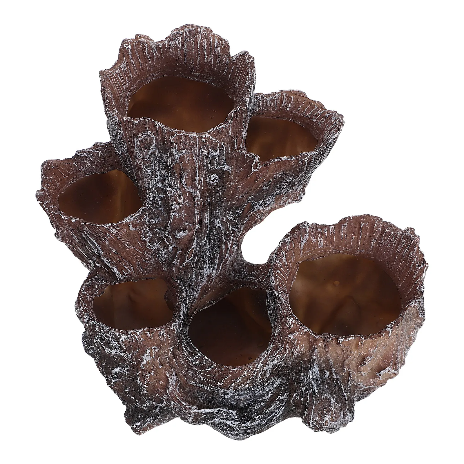 Faux Wood Planter 6-Hole Resin Multi-Compartment Artificial Driftwood Tree Root Pot for Succulent Cactus Farmhouse Decorative