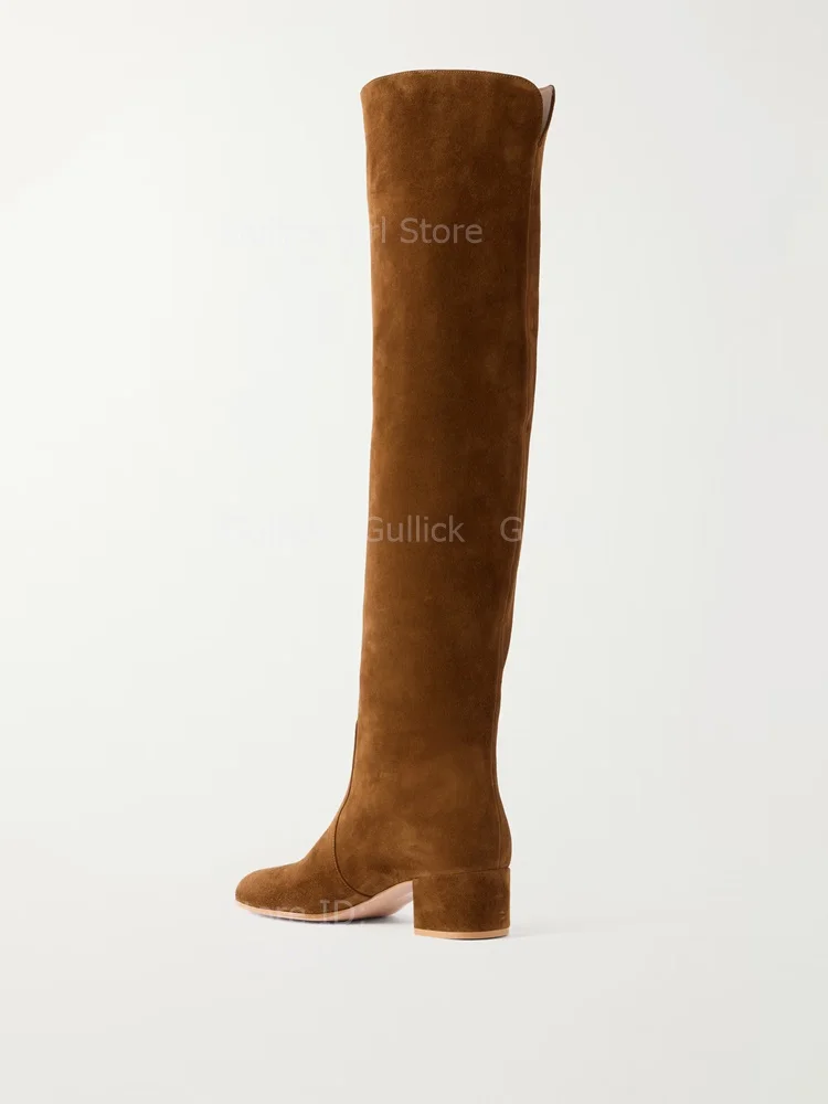 Brown Suede Slouchy Slip On Winter Boots 2026 Autumn Trends Roudn Toe Block Middle Heel Comfortable Women Dress Shoes