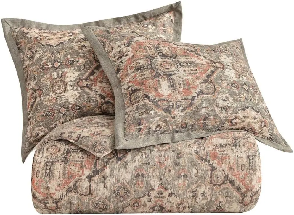 Hiend Accents Carmen Kilim 3 Piece Comforter Set With Pillow Shams, Gray Medallion Pattern, King Size, Classic Traditional