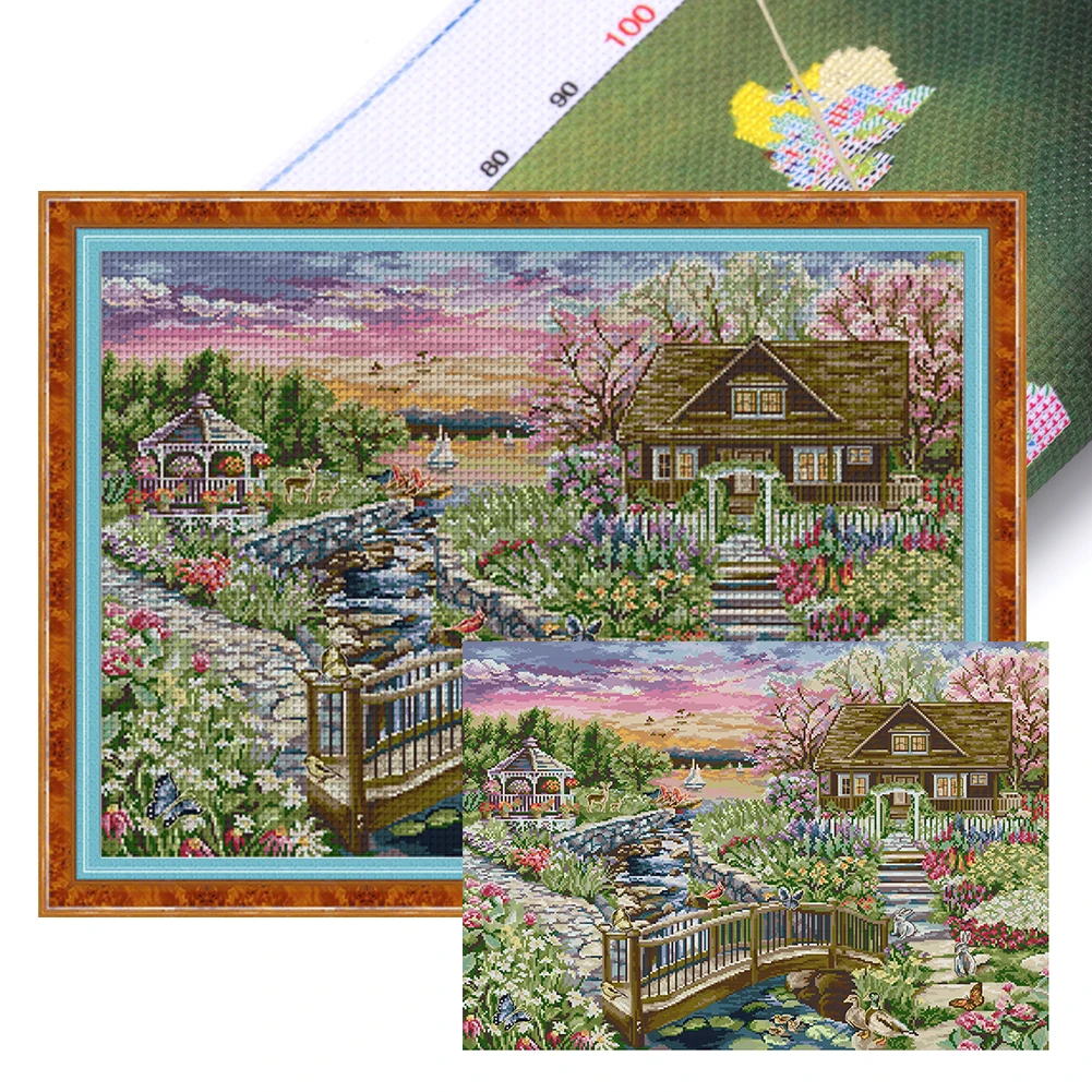 

Full Embroidery cotton Thread 14CT Print Lakeside Cabin Cross Stitch 64x50cm