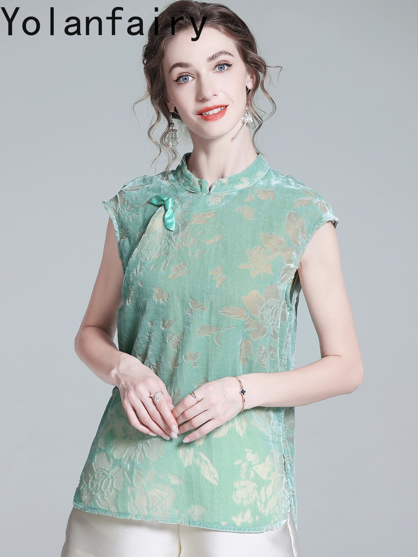 YOLANFAIRY Real Silk Velvet Blouse for Woman Early Autumn Short Sleeve T Shirts Female Elegant Stand Collar Women Top Tee Shirt