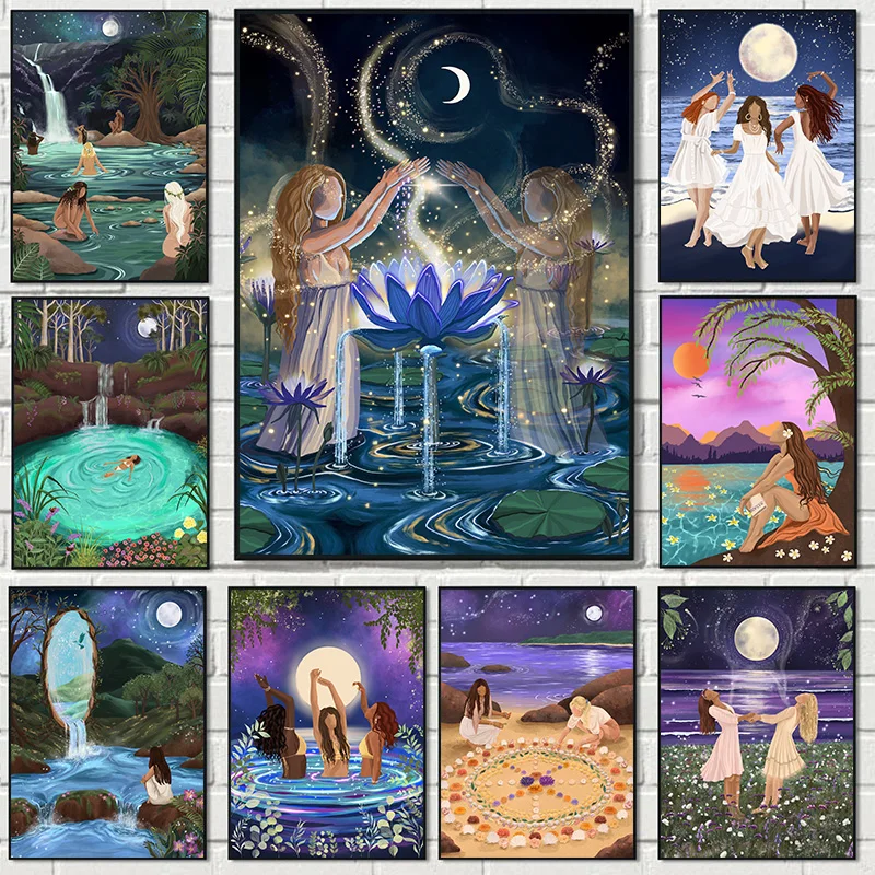 Magic Forest Nature Spirit Moon Fairy Bathing Dance Abstract Retro Poster Canvas Paintings Wall Art Pictures Home Decor