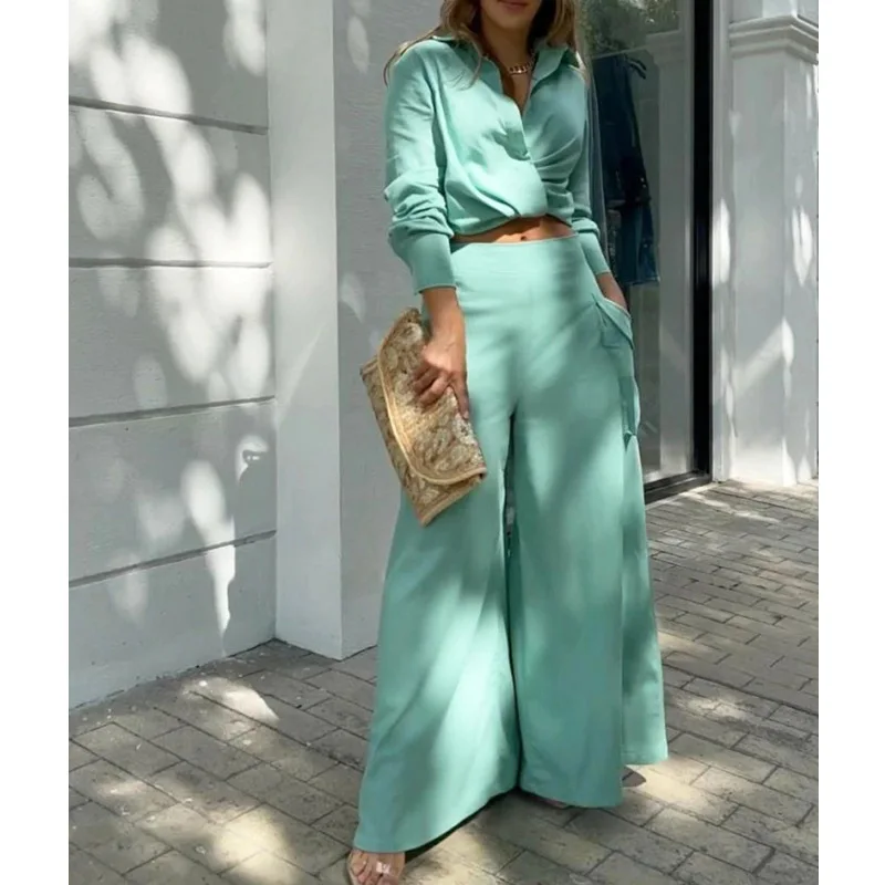 Women Shirt Two Piece Set Solid Color Elegant Spring Summer Fashion Long Sleeve Shirt + Wide Leg Pants Office Ladies Female Suit