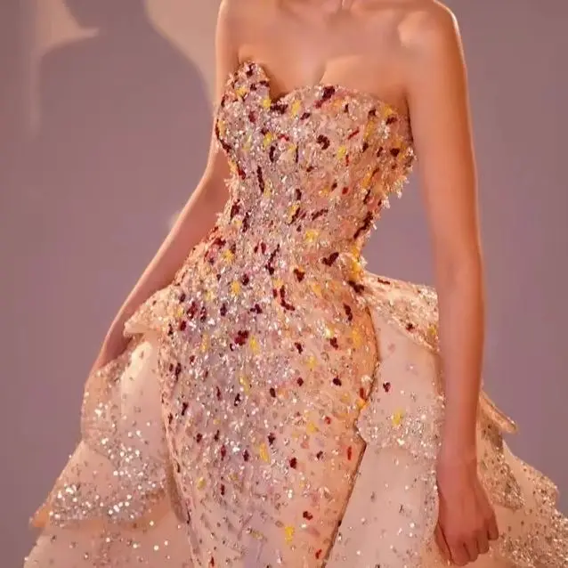 Vintage Champagne Full Beaded Evening Dresses With Detachable Skirt Customized Strapless Crystals Cocktail Prom Dress Party Gown