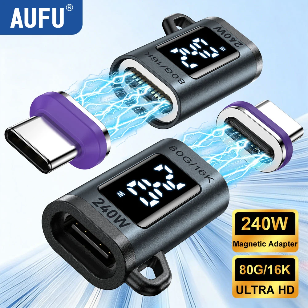 

Магнитный адаптер AUFU 24PIN Type C, 240 Вт, цифровой дисплей, 80 Гбит/с, Thunderbolt 5, 16K, OTG-конвертер для ноутбуков MacBook, жестких дисков M.2
