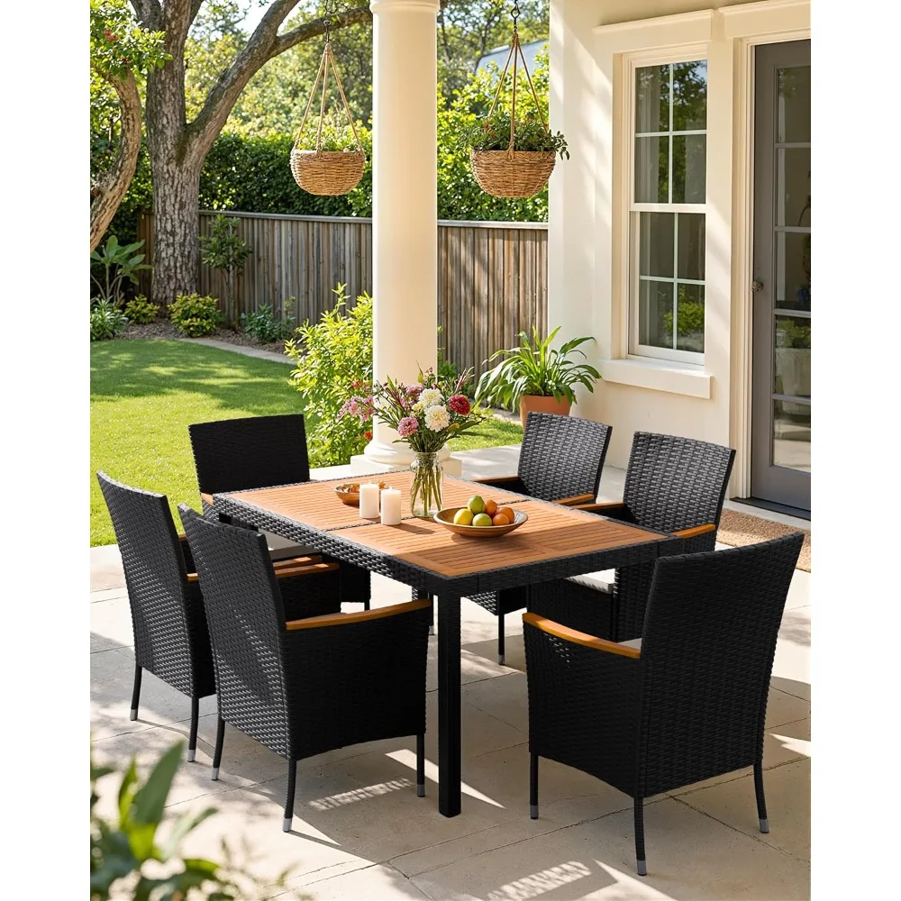 

7 Piece Patio Dining Set Outdoor Acacia Wood Table and Chairs with Soft Cushions Wicker Patio Furniture for Deck, Backyard
