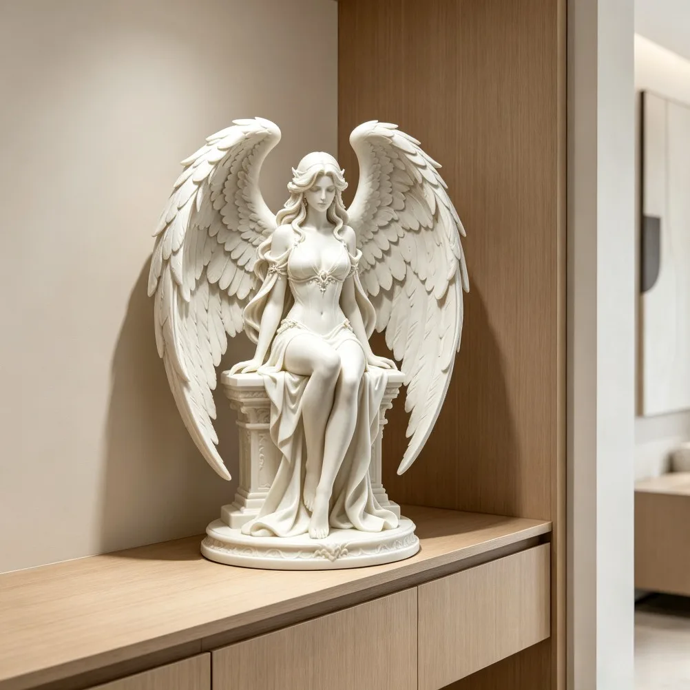Seated Winged Angel Statue Classical Goddess Figurine Feather Wings Desktop Ornament Religious Home Decor Housewarming Gift view 4
