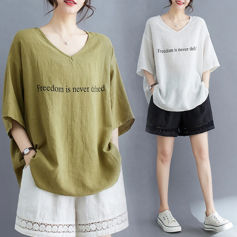 

2338 Summer New Arrival V-Neck T-Shirts For Women Causal Loose Simple Printed Cotton Linen Short Sleeve Female Pullovers Tops