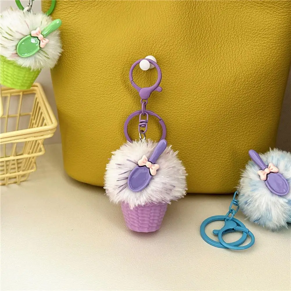 Mini Plush Toy Plush Ice Cream Keychain with Spoon Fluffy Dessert Car Charm Decorative Accessory for Backpacks Handbags Women