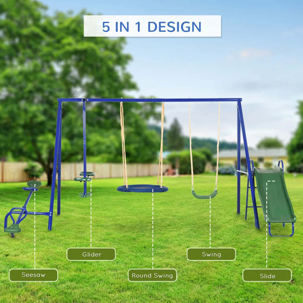 616 lbs Swing Set for Backyard, 5 in 1 Heavy-Duty A-Frame Stand Outdoor Playset for Kids, with Saucer Swing, Slide, Seesaw