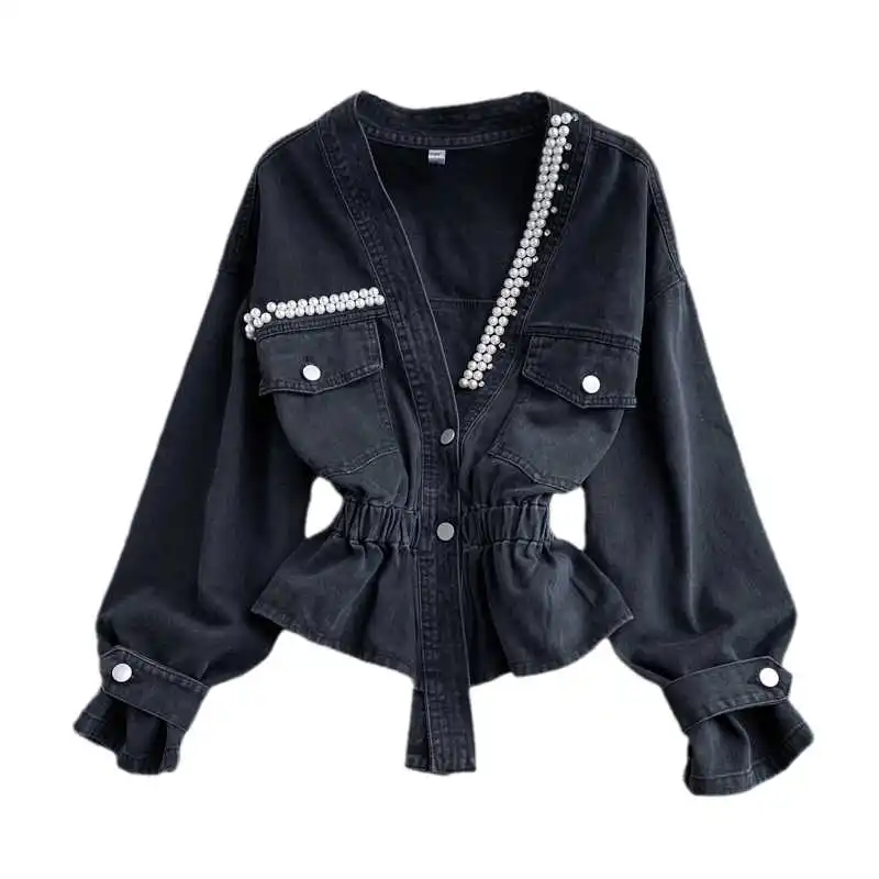 Fall 2026 New Retro Denim Jacket Coat Female Temperament V-neck Single-breasted Beaded Waist Slim Jacket Top KK1333