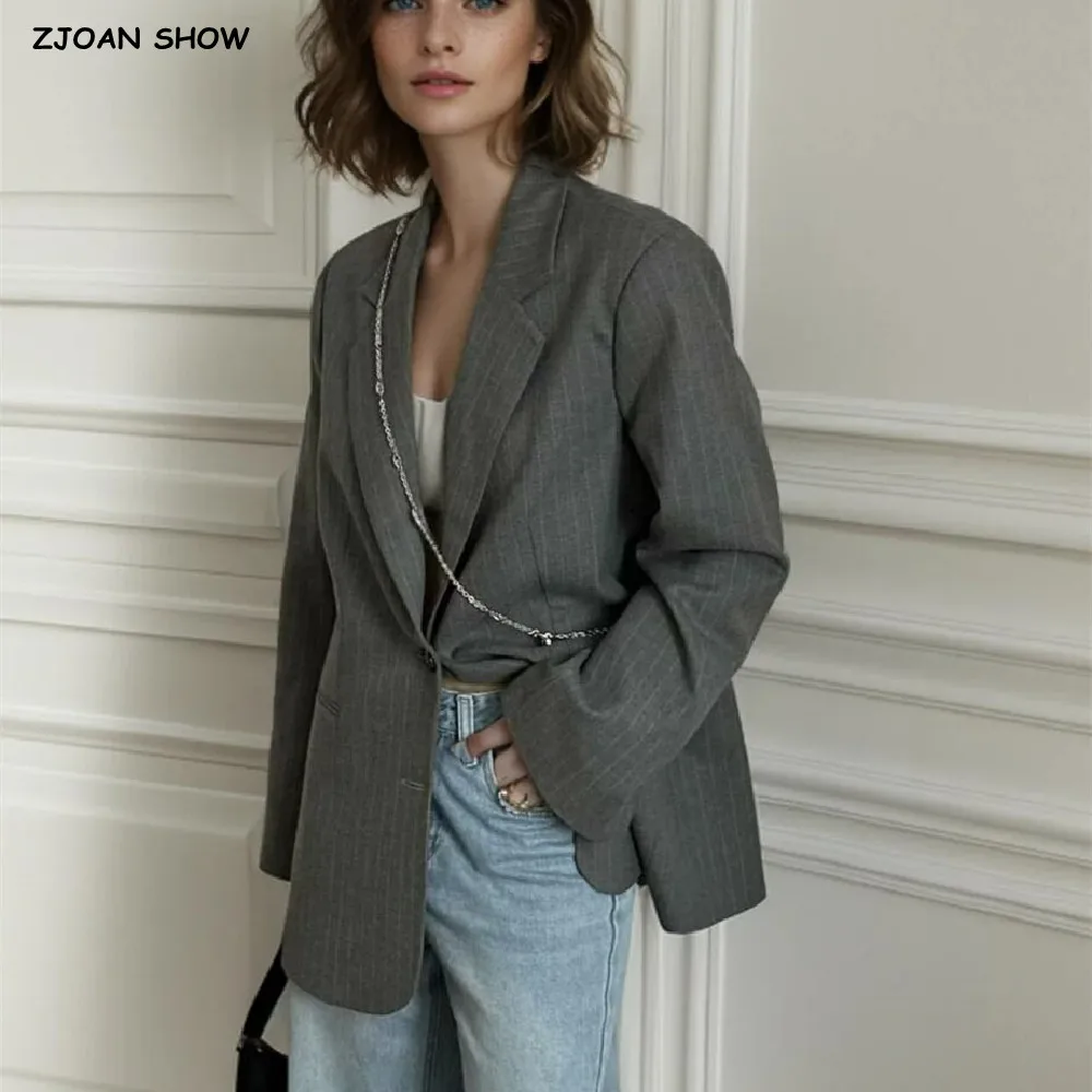 2024 Chill Gray Striped Removable Flare Cuff Blazer Boyfriend Vintage Women Notched Collar Loose Suit Fashion Coat Black