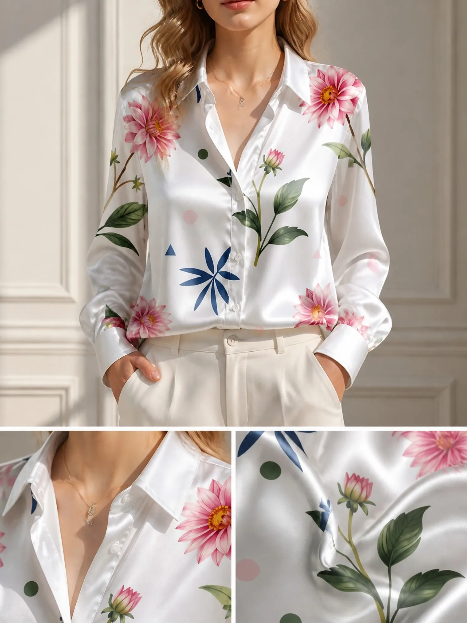 

White Pink Dahlia Satin Blouse for Women Long Sleeve Button Down Shirt Modern Garden Office Elegant Silky Fashion Tops New Style