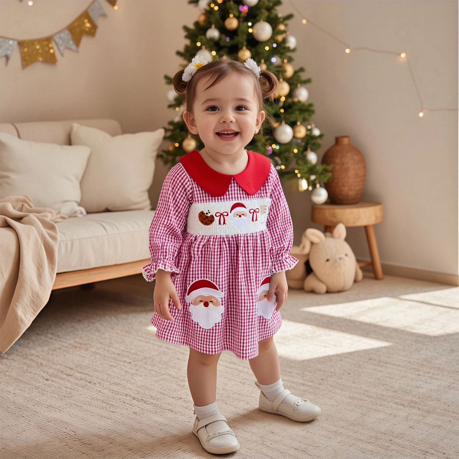 FOCUSNORM 0-5Y فستان جميل للفتيات الصغيرات لعيد الميلاد بياقة دمية سانتا مطرز منقوشة مطبوعة بأكمام طويلة فستان بأكمام فقاعية #4