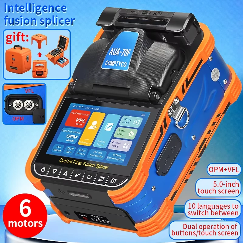 

COMPTYCO AUA-70F Fiber Optic Fusion Splicer 6 Motors Optical Core Welder Splicing Machine with VFL OPM Tool Kits Touch Screen