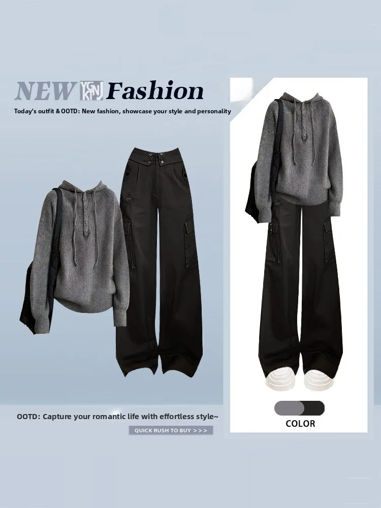 

ey Casual Lazy Sle Hooded Sweatirt Women's Winter Wide Leg Pants Two Piece Set Simple Faion High Waist Long Sve