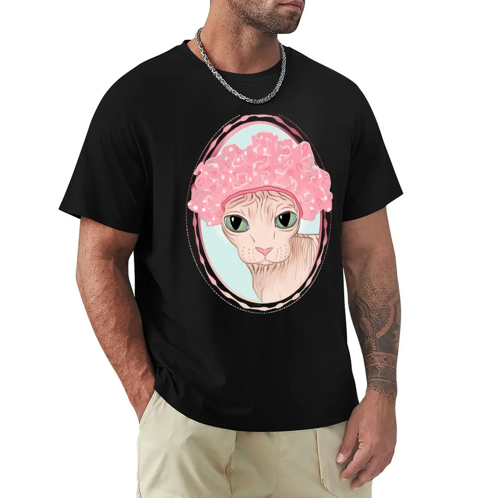 Hairless Sphynx Cat Wearing a Pink Shower Cap T-Shirt cute tops graphics quick-drying mens t shirts