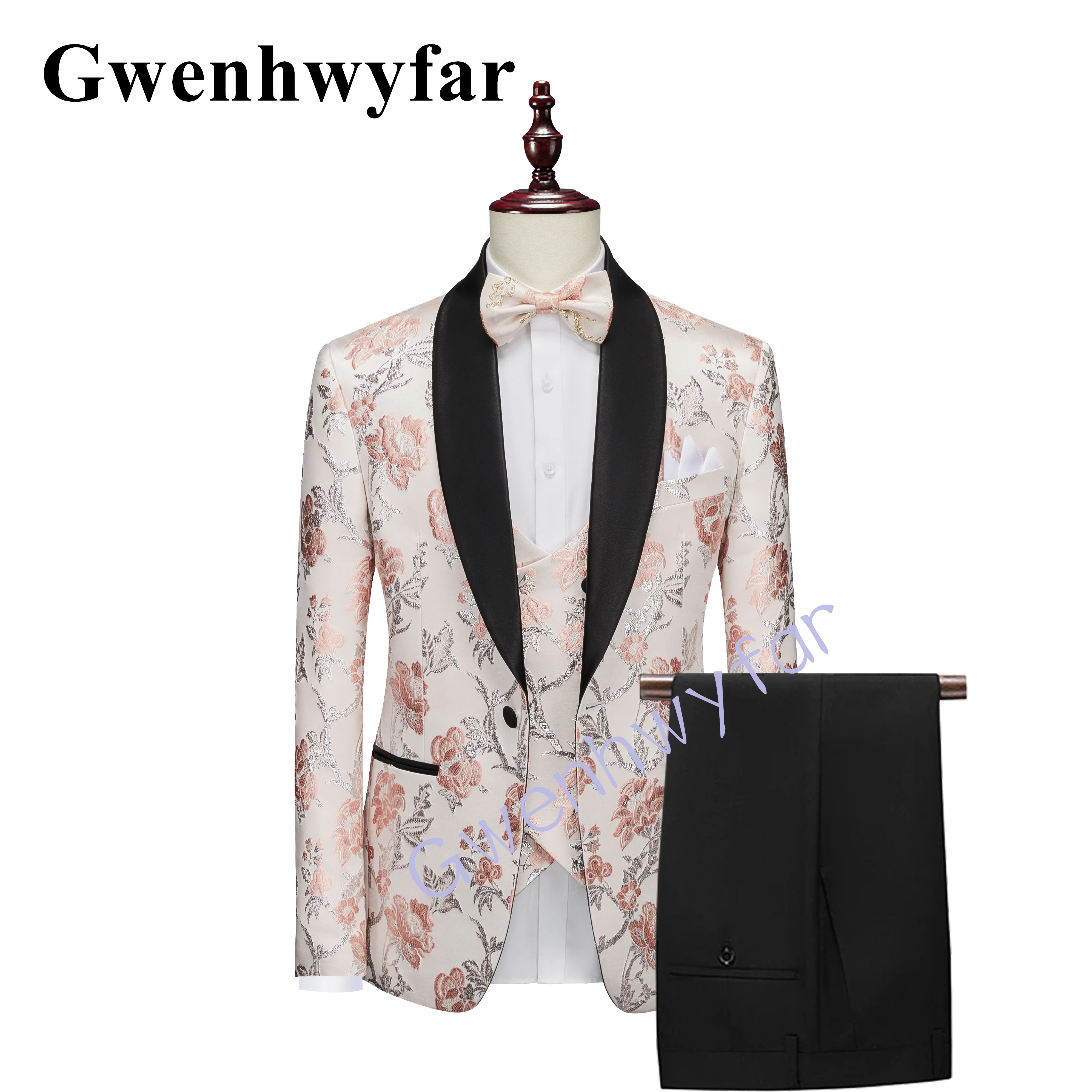 

Gwenhwyfar New Business Men's Casual Style 3 Pieces High End Flower Jacquard Fabric Black Shawl Collar Groom Wedding Suits Homme