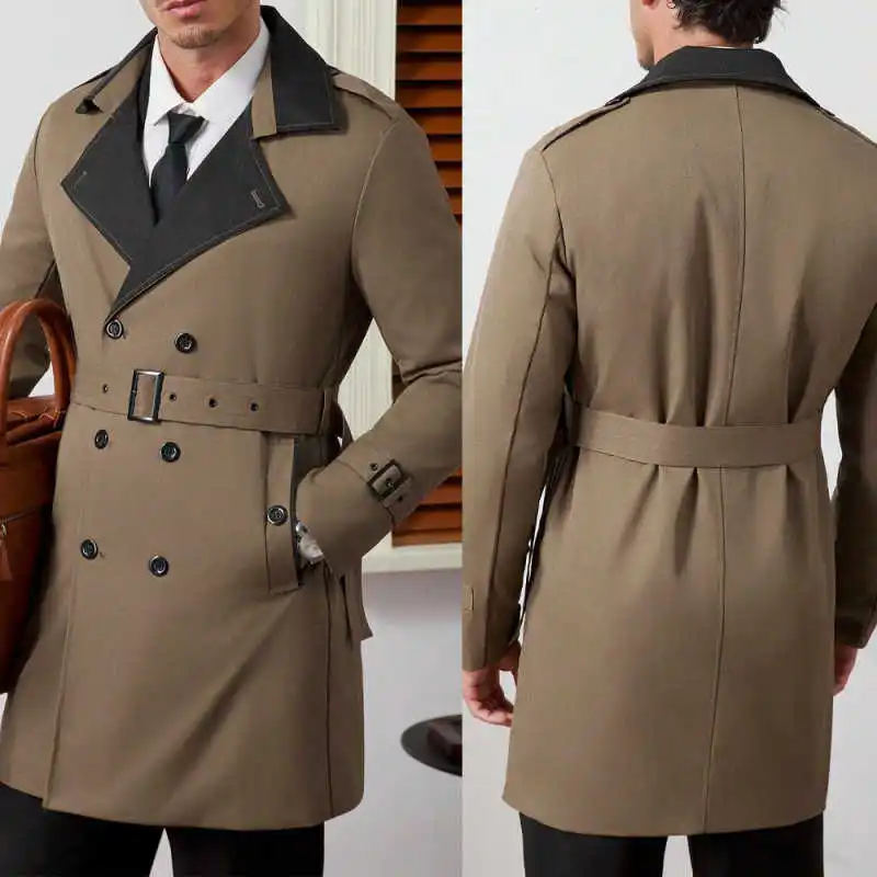 

Classic Men's Double Breasted Trench Coat Mid-Length With Belt Windbreaker Customized Business Occasion One Piece Wear