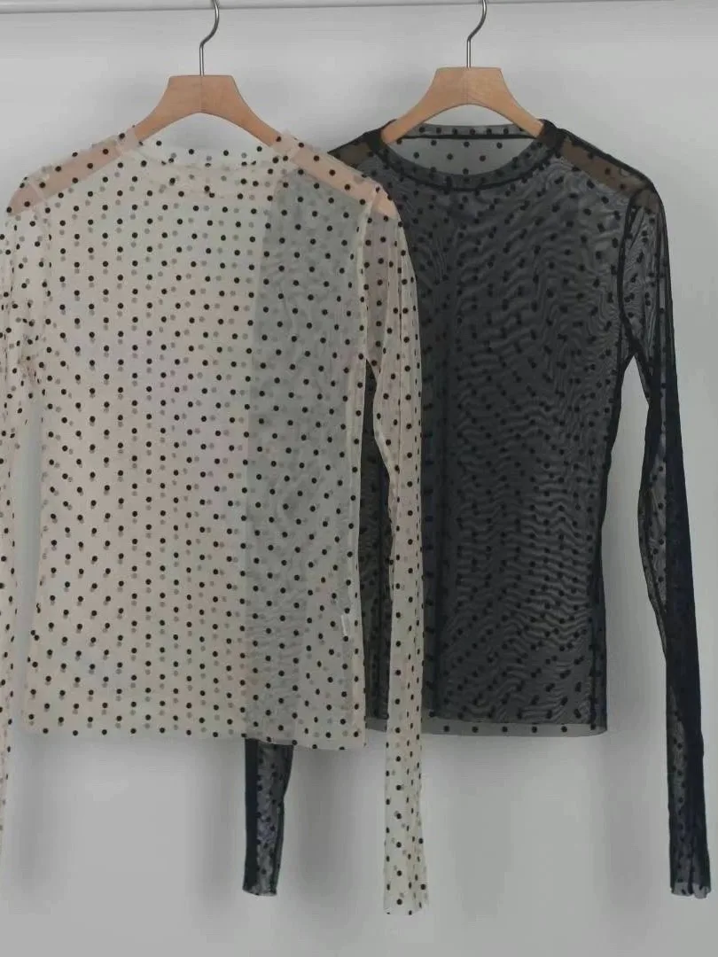 

Шикарная длинная футболка Sve Base irt, весенняя винтажная прозрачная универсальная футболка в горошек, женский трикотаж, круглый топ