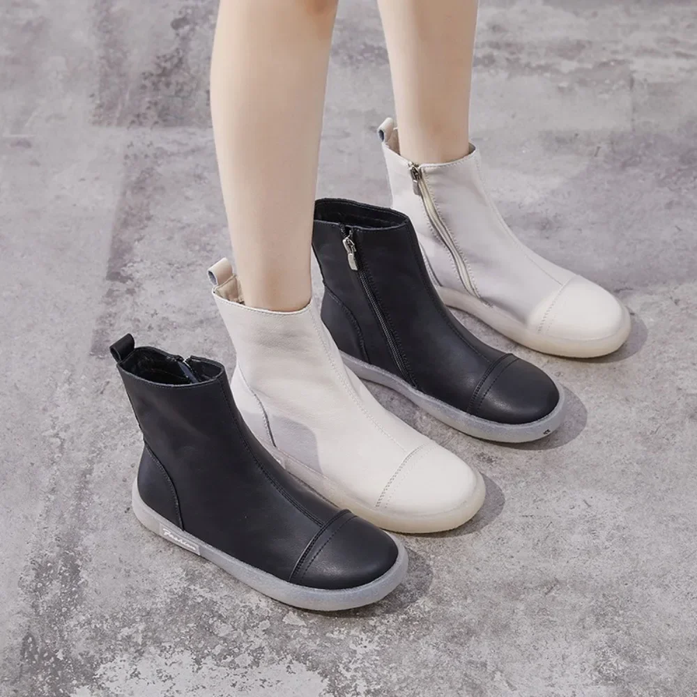 Short Boots Women\'s Autumn Winter New Item Cowhide Soft Soled Women\'s Boots Casual High Top Shoes Side Zipper Ankle Boots Women