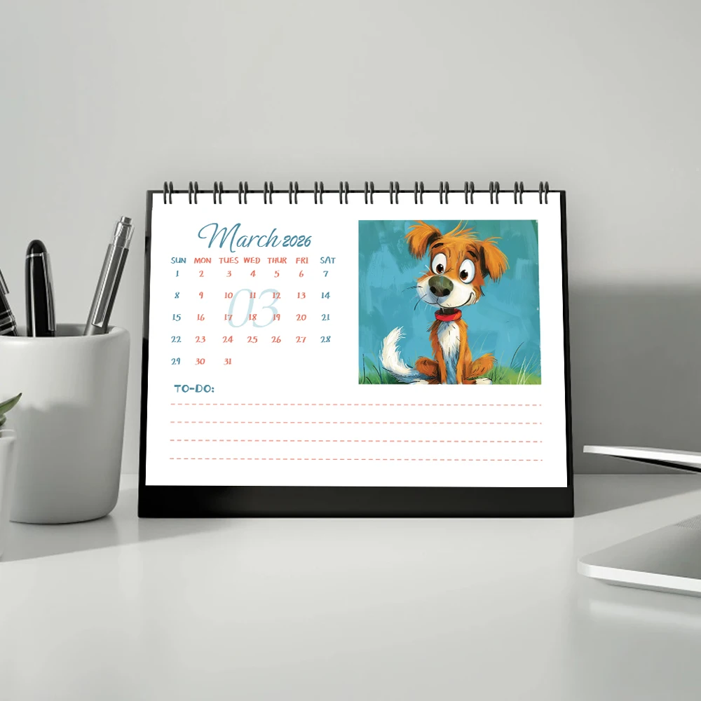 1 قطعة 2026 سنة التقويم خربش الكلب ، مجردة الفنية ، هدية مثالية لأعياد الميلاد عيد الميلاد السنة الجديدة ، مخطط سطح المكتب لمدة 12 شهرًا #5