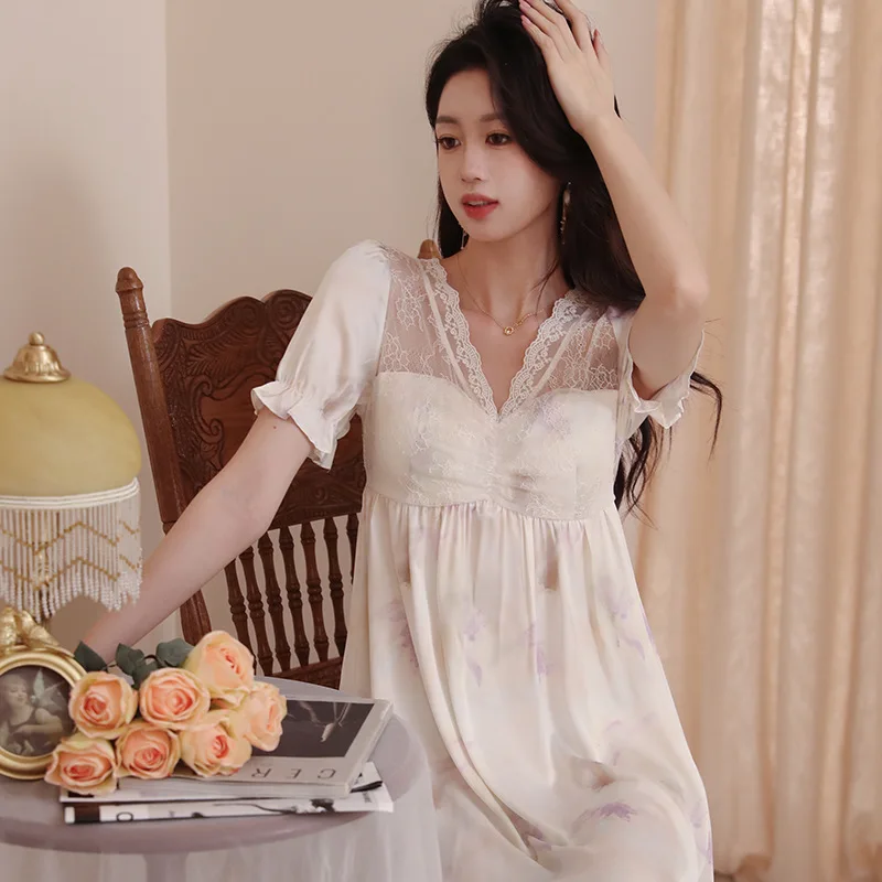 Sexy Mesh V Neck Night Dress Women Summer Ice Silk Nightgown Lace Short Sleeve Nightdress Princess Satin Sleepwear Nightwear