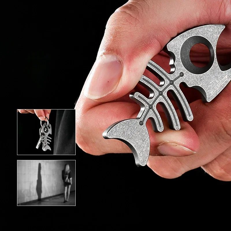 Multifunctional Titanium Alloy Fish Bone Keychain Bottle Beer Opener Tool Key Tag Chain Ring Accessories,Decorative Pendant