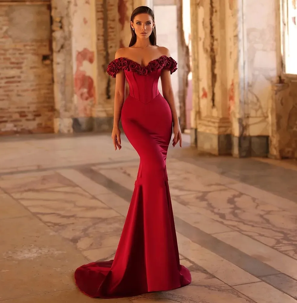 Luxury Dark Red Prom Party Dress 2026 Off-the-shoulder Satin 3D Flowers Mermaid Evening Pregeant Gown Formal Engagement Dress