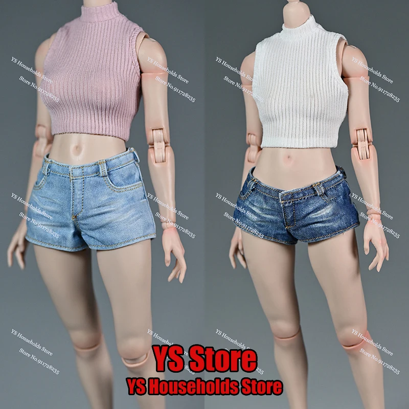 1/6 Female Soldier Pink White Sleeveless Vest Ripped Hole Desigh Hot Denim Shorts Clothes Accessory For 12