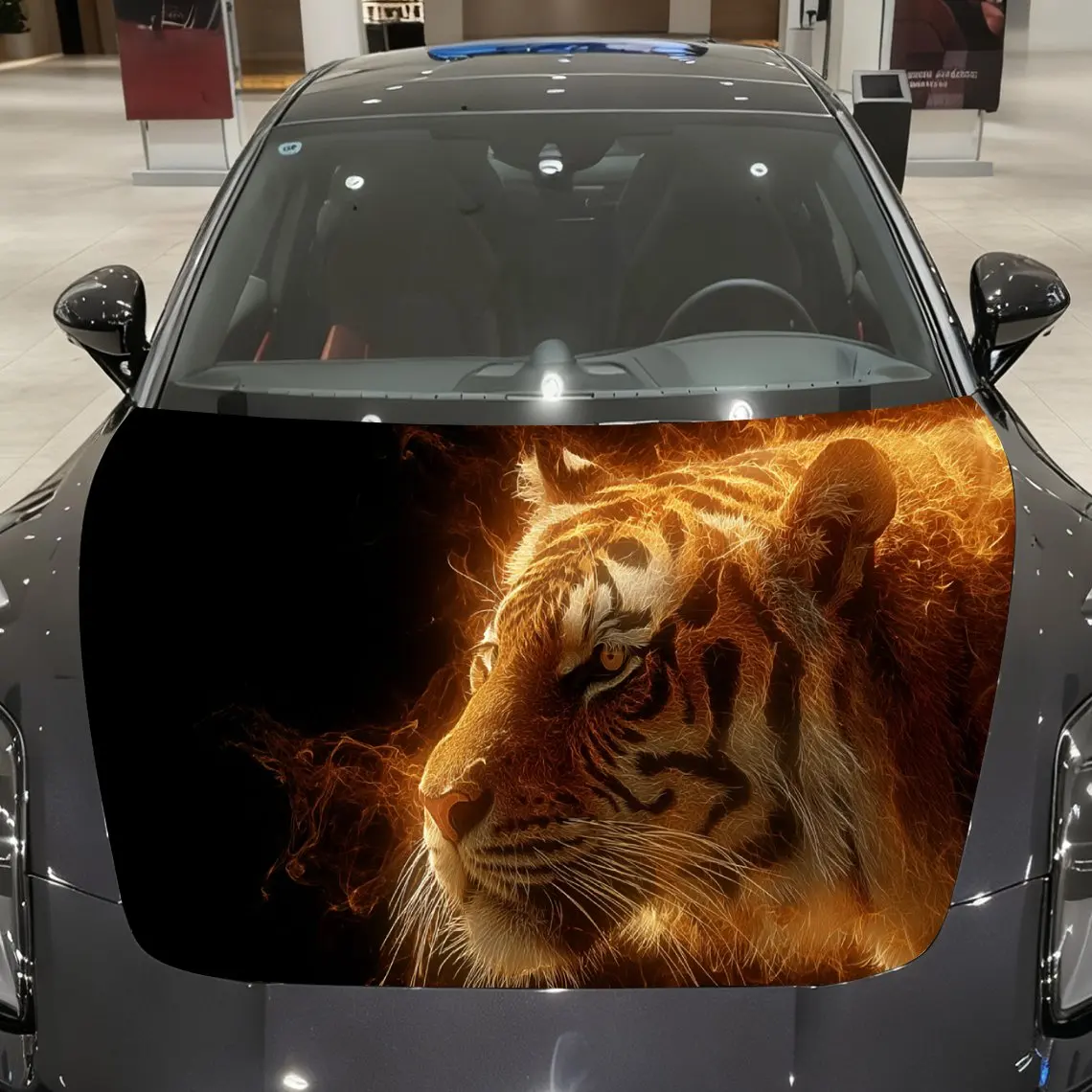 

Car Decals A Tiger In Fiery Orange-Gold Hues Close - Up With Dynamic Flame Textures, Side Profile Posture And Intense Visual Dra