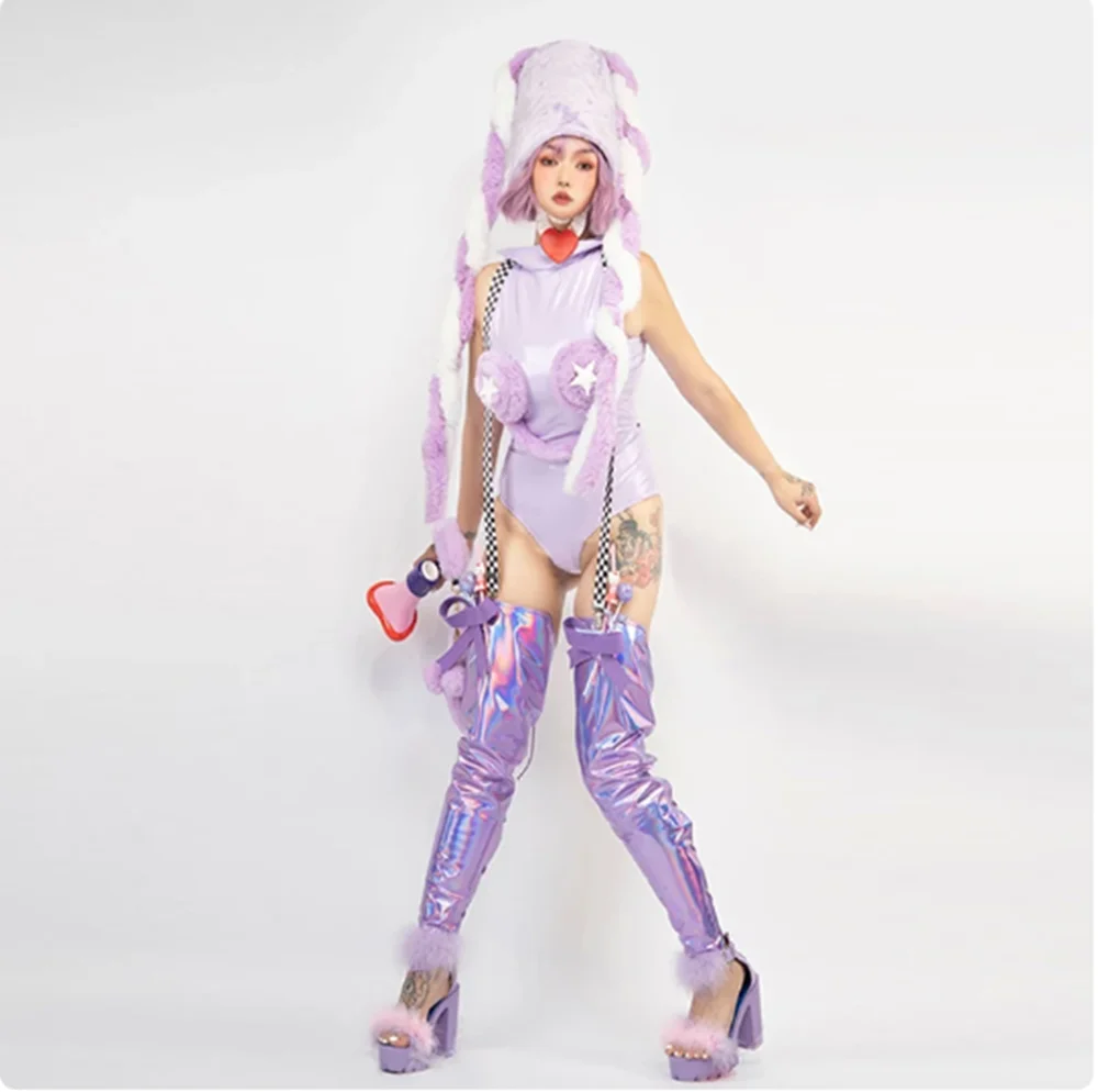 2025 Lovely Plush High Hat Purple Bodysuit Women Laser Leg Cover Gogo Dancing Performance Costume Nightclub Dancer Outfits yk209