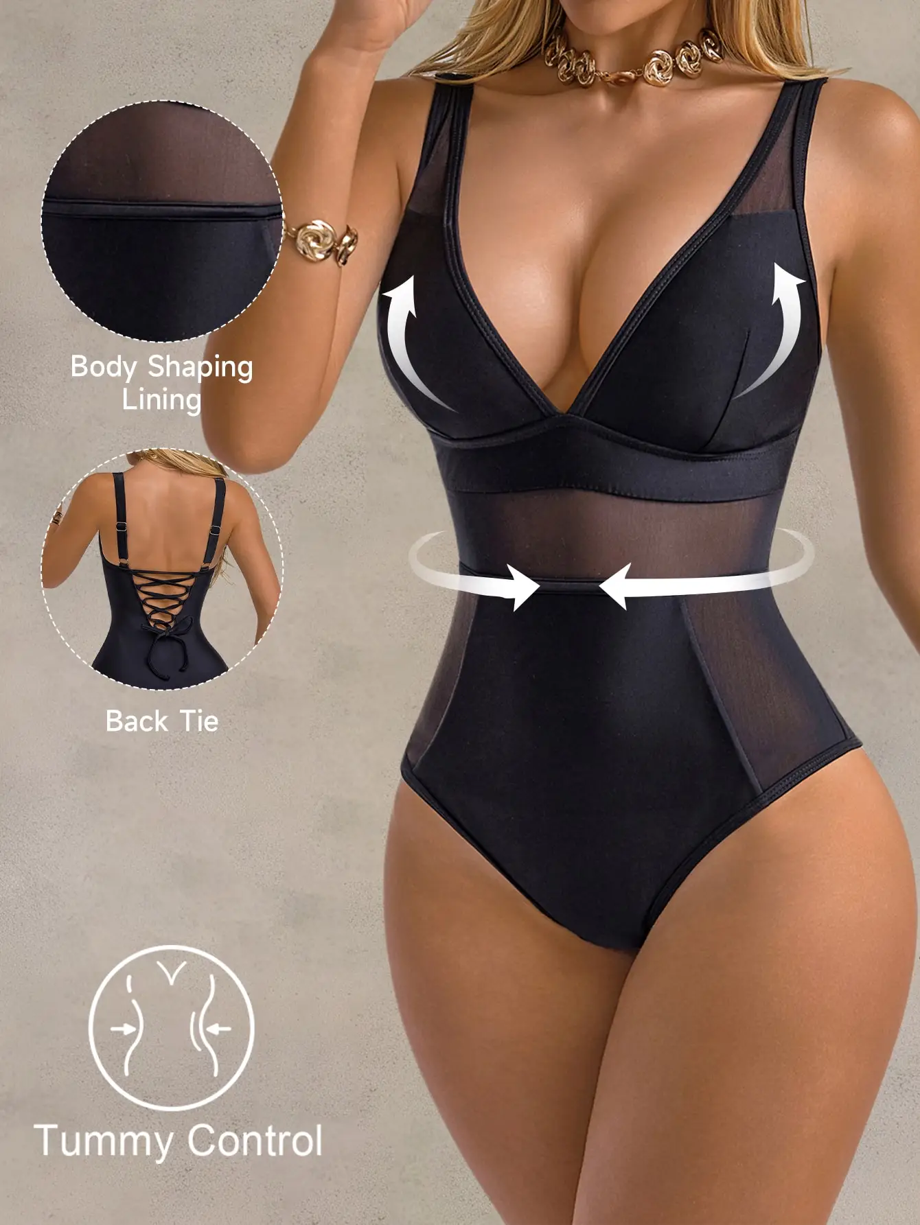 Women's Elegant Black One-Piece Swimsuit,Tummy Control Mesh Pushup Bathing Suit,Full Coverage Summer Vacation Beach Party