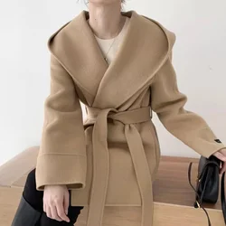 Hooded Jacket Ladies Elegant Solid Color Lace Up Woolen Jacket Outerwear Vintage Woolen Coat Women Autumn Winter Blend Wool Coat