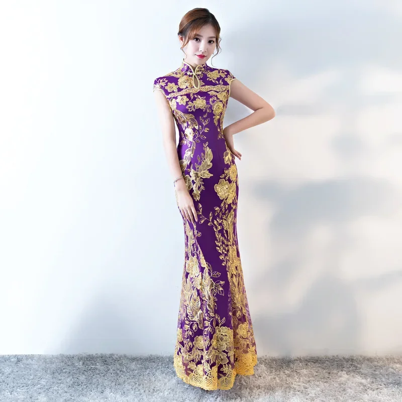 

Women Chinese Traditional Dress for Party Lady Elegance Cheongsam Wedding Dress Vintage Bridesmaid Qipao Sequins Evening Dress