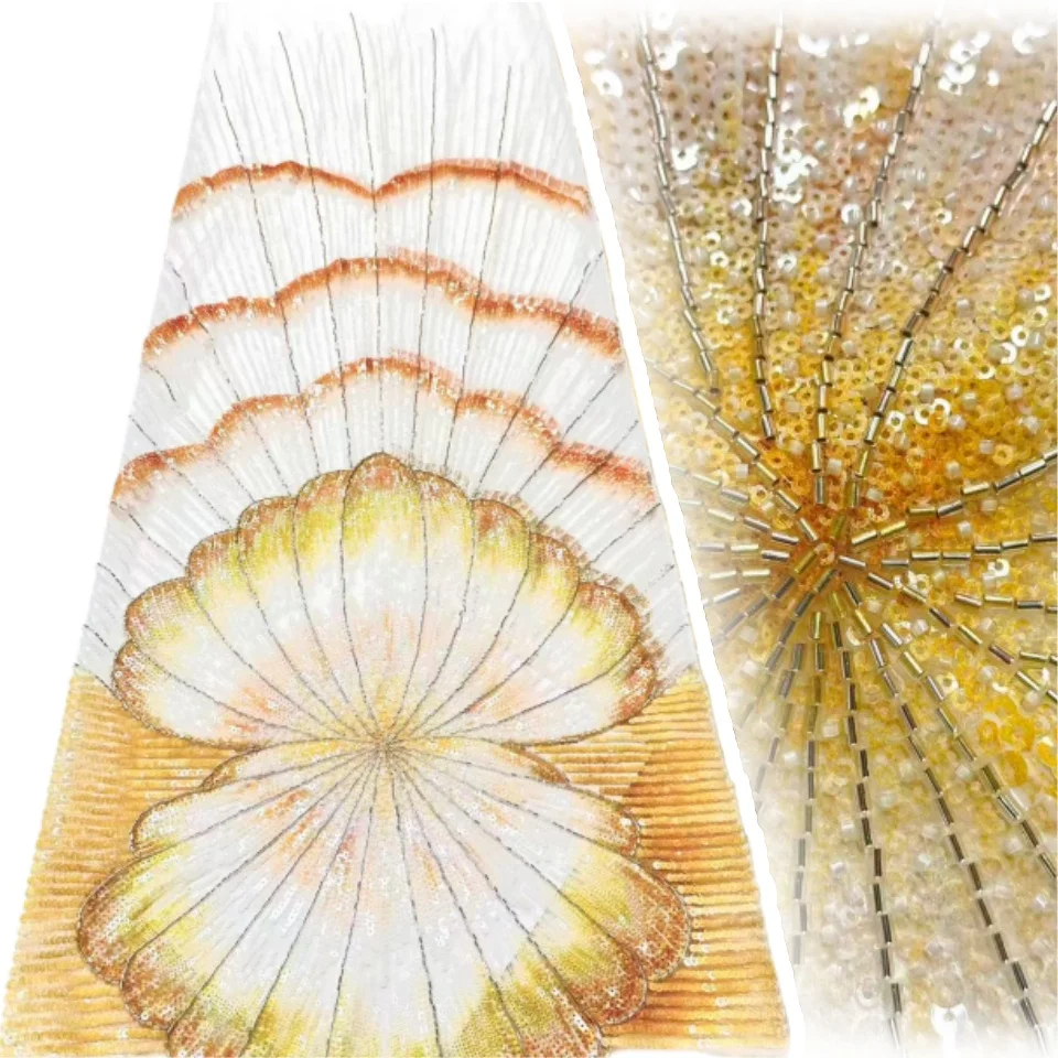 

Yellow New Design Fashion European Art Pattern 5Yards French Beaded Sequins Lace Fabric Wedding Banquet Wedding Dresses 2037