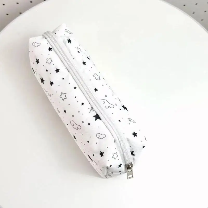 1Pcs Star Cloud Bow Print Canvas Pencil Pouch Large Capacity Portable Zipper Pen Bag Student School Stationery Storage Case
