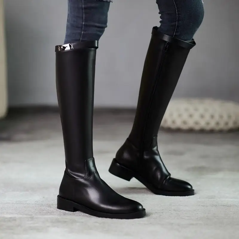 

Black Elegant with Low Heels Pointed Toe Leather Women's Long Boots 2025 Autumn Winter Fleece-Lined Ladies Knee High Shaft Shoes
