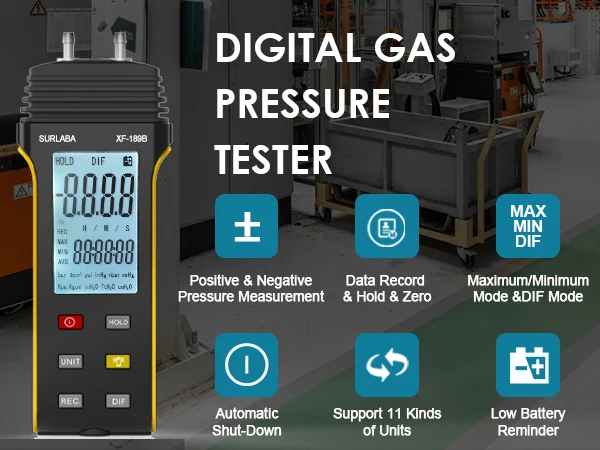 Digital Manometer Gas Pressure Tester ±206.8Kpa with Protective Cap 11 Units Backlit Display Data Storage for HVAC