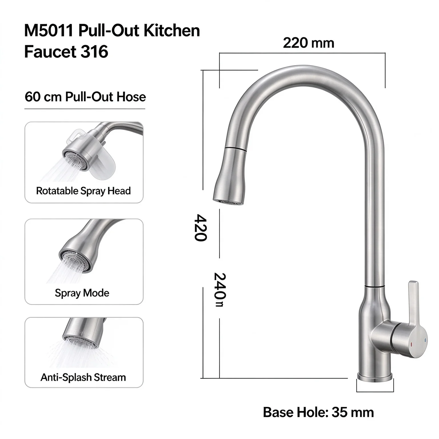 316 Stainless Steel Home Kitchen Faucet Hot Cold Mixer Anti-Splash Rust Proof Basin Tap Pull Out Wash Basin