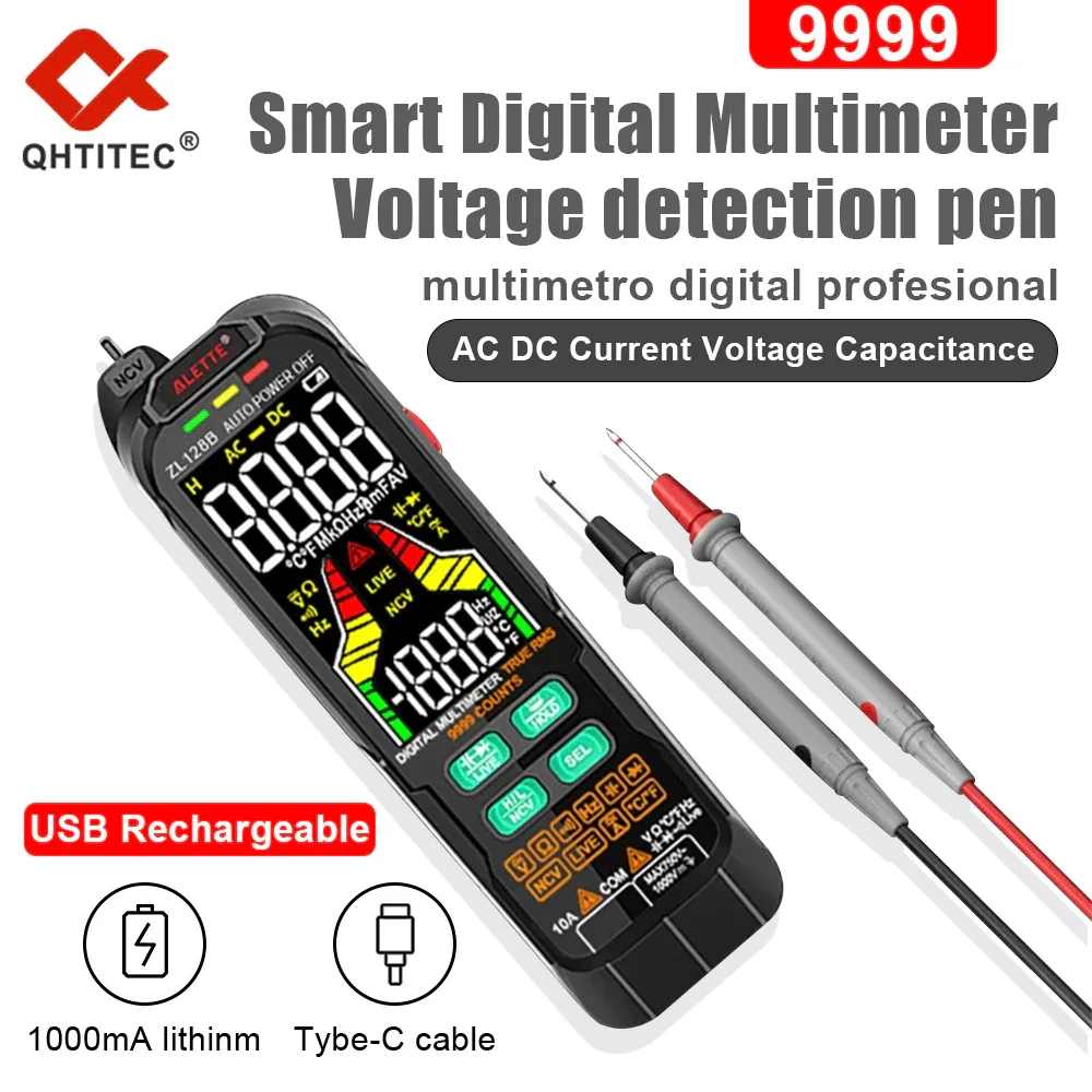 

QHTITEC Digital Multimeter NCV AC DC Current Voltage Detector Pen True RMS Capacitance Temp USB Charge Auto Range Multimetro 128