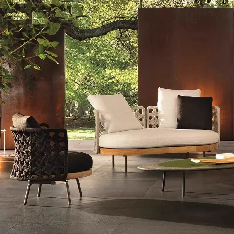 

Nordic light luxury teak outdoor furniture B & B hotel rattan sofa leisure villa terrace courtyard sofa combination