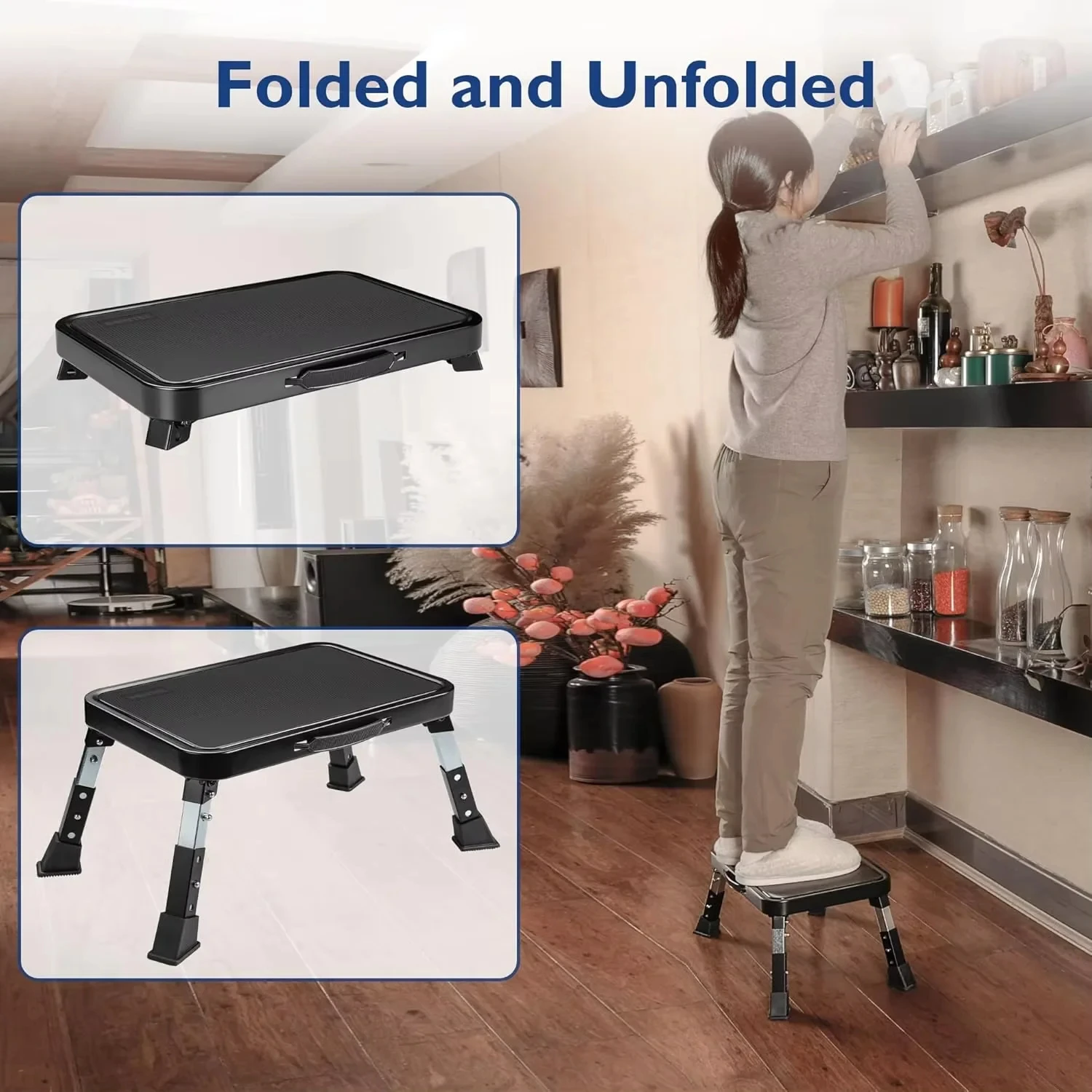 Adjustable Folding Stool with Non-Slip Platform and Thick Rubber Feet, Portable Ladder for Office RV Pet Bathroom Bedroom