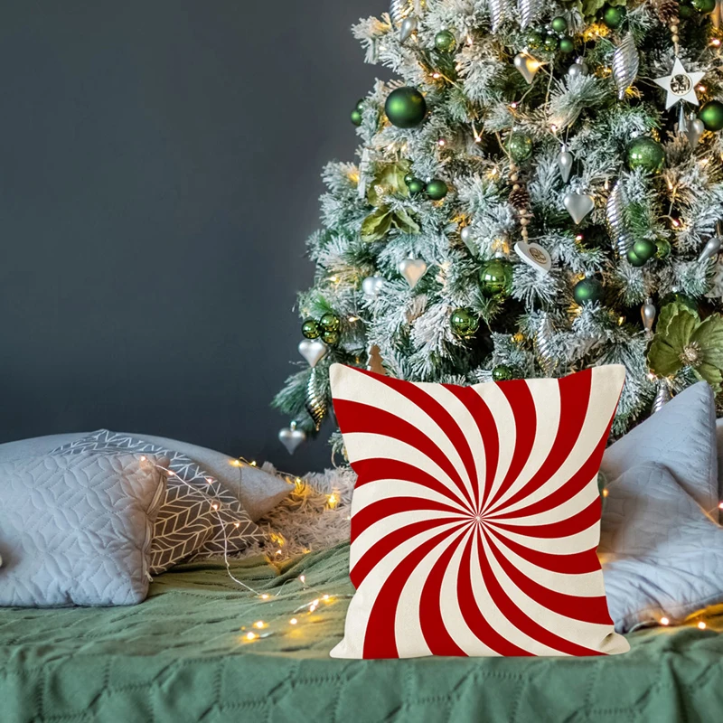 أغطية وسائد عيد الميلاد، أغطية وسائد بنمط شريط حلوى عيد الميلاد لتزيين غرفة النوم المنزلية والعطلات