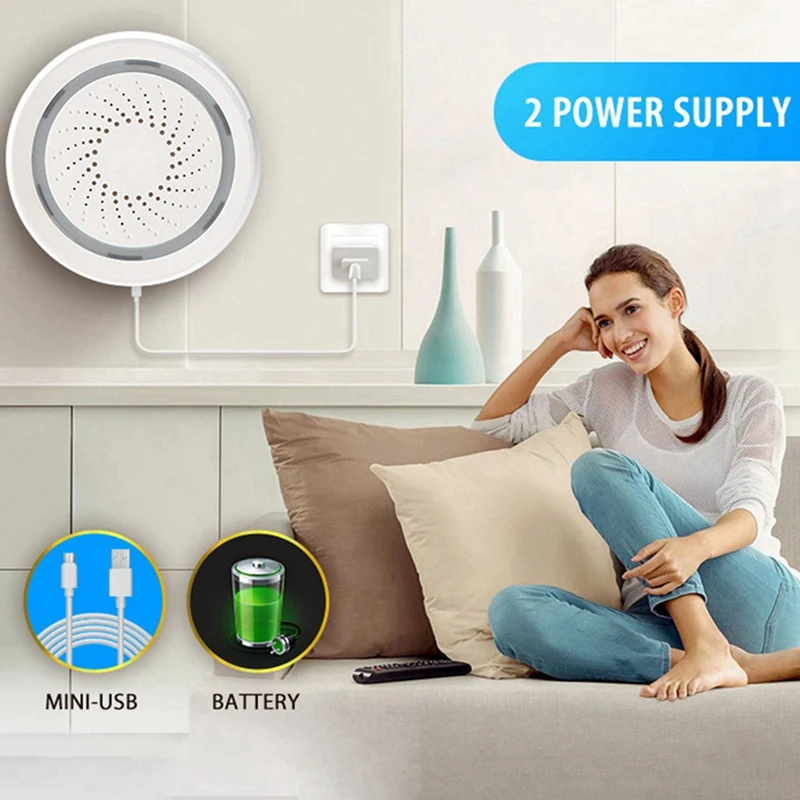 2X Wireless Smart 120DB Siren And Alarm Bell-White, With Strobe Light, Remote App Control Wifi USB Siren